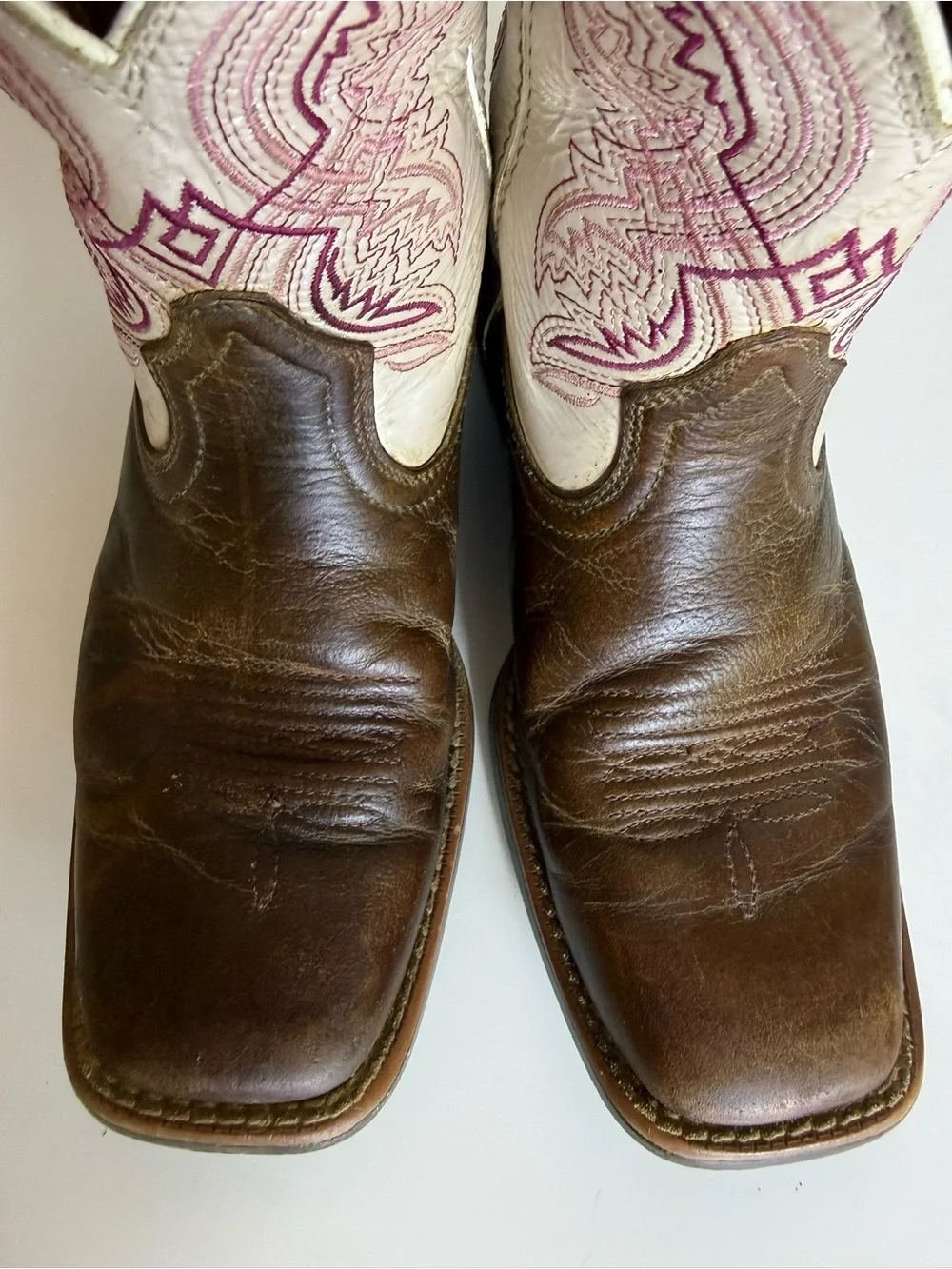 Ariat Kids Fatbaby Brown Leather Western Cowboy Boots Square‎ Toe Cream Shaft